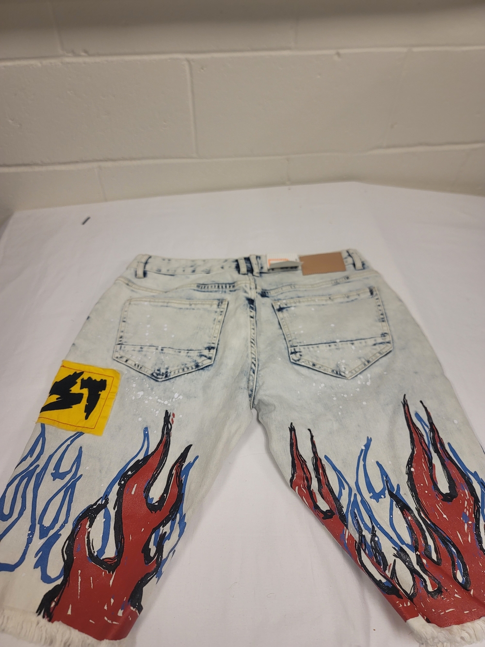 Hand-Painted Flame Denim Shorts in Light Wash